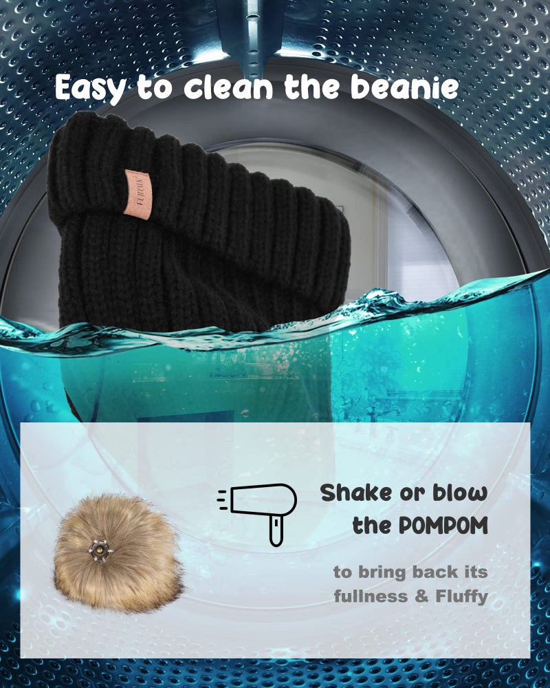 FURTALK Kids Winter Hat Toddler Knitted Beanie with Faux Fur Pom Poms for Baby Girls Boys Black with Black Pom,3-24 Months - Image 4